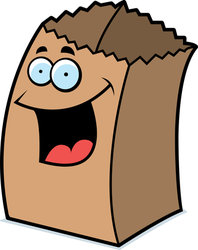 A cartoon paper bag happy and smiling.