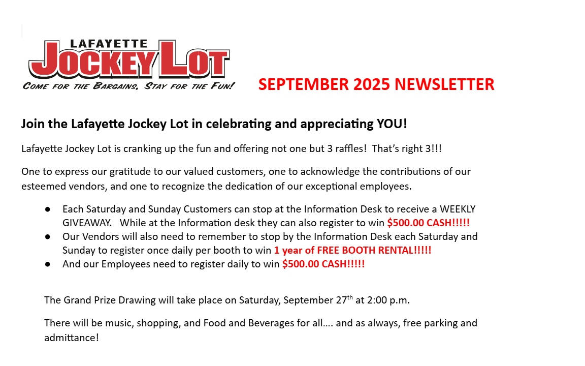 September 2025 Lafayette Jockey Lot Newsletter featuring Vendor of the Month Versa at Booth 111, specializing in perfume oils and incense
