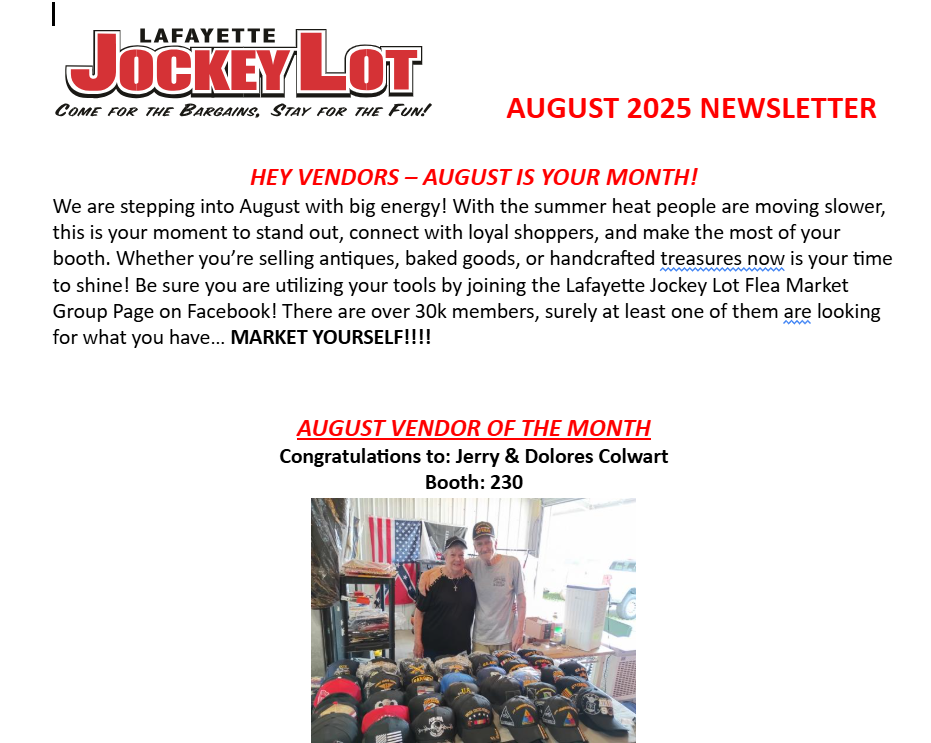 August 2025 Lafayette Jockey Lot Newsletter featuring Vendor of the Month Jerry and Dolores Colwart at Booth 230 with military hats and flags